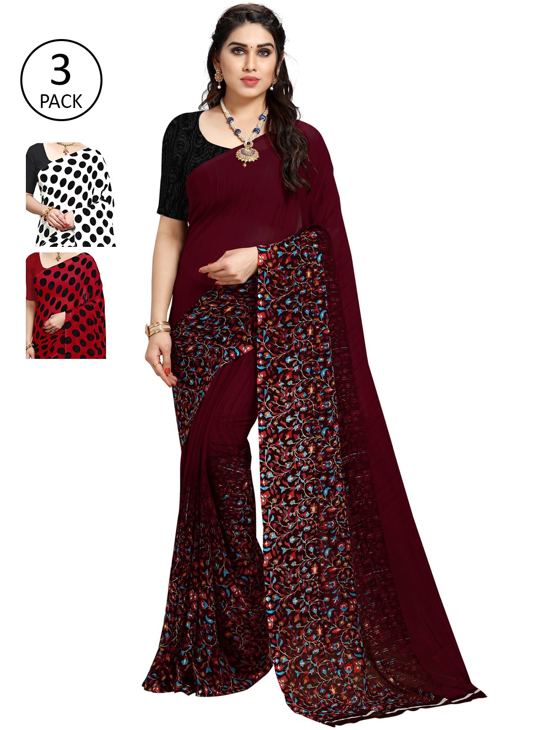 ANAND SAREES Women Pack Of 3 Printed Sarees, Black