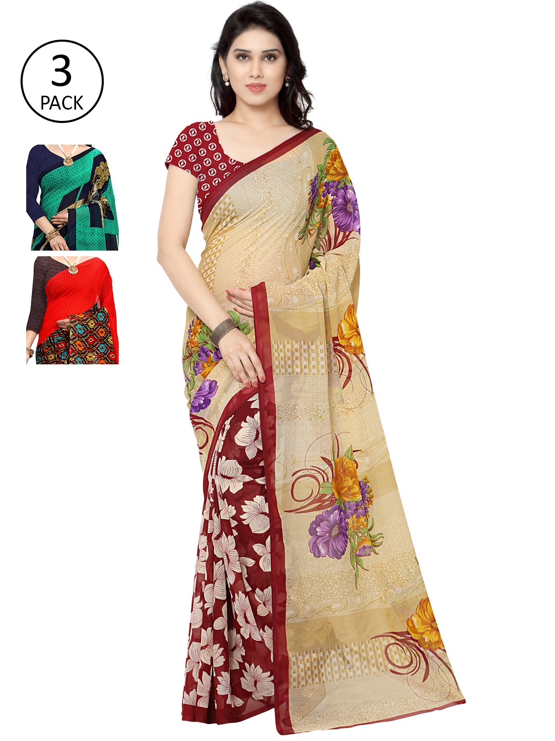 

KALINI Pack Of 3 Printed Sarees, Maroon