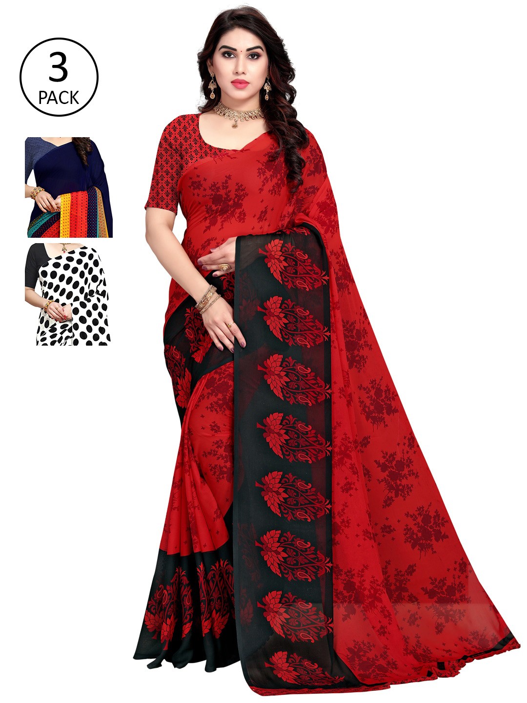 

KALINI Women Pack Of 3 Printed Saree, Black