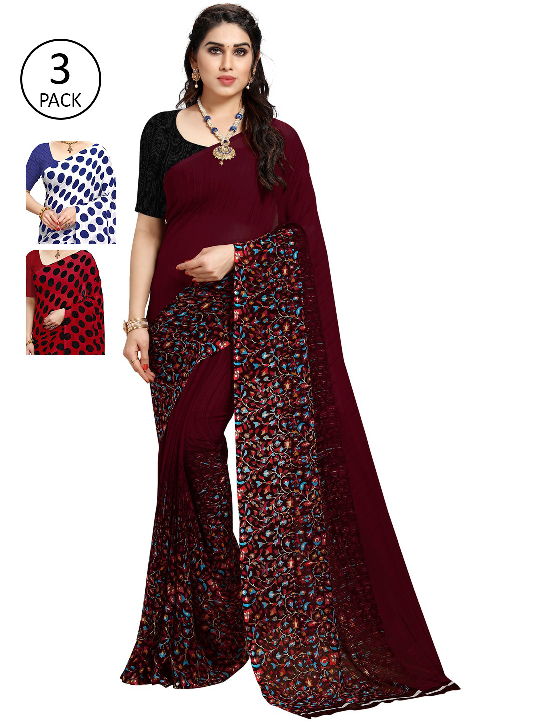 

KALINI Multicolor Georgette Printed Daily Wear Saree With Unstitched Blouse(Pack of 3), Maroon