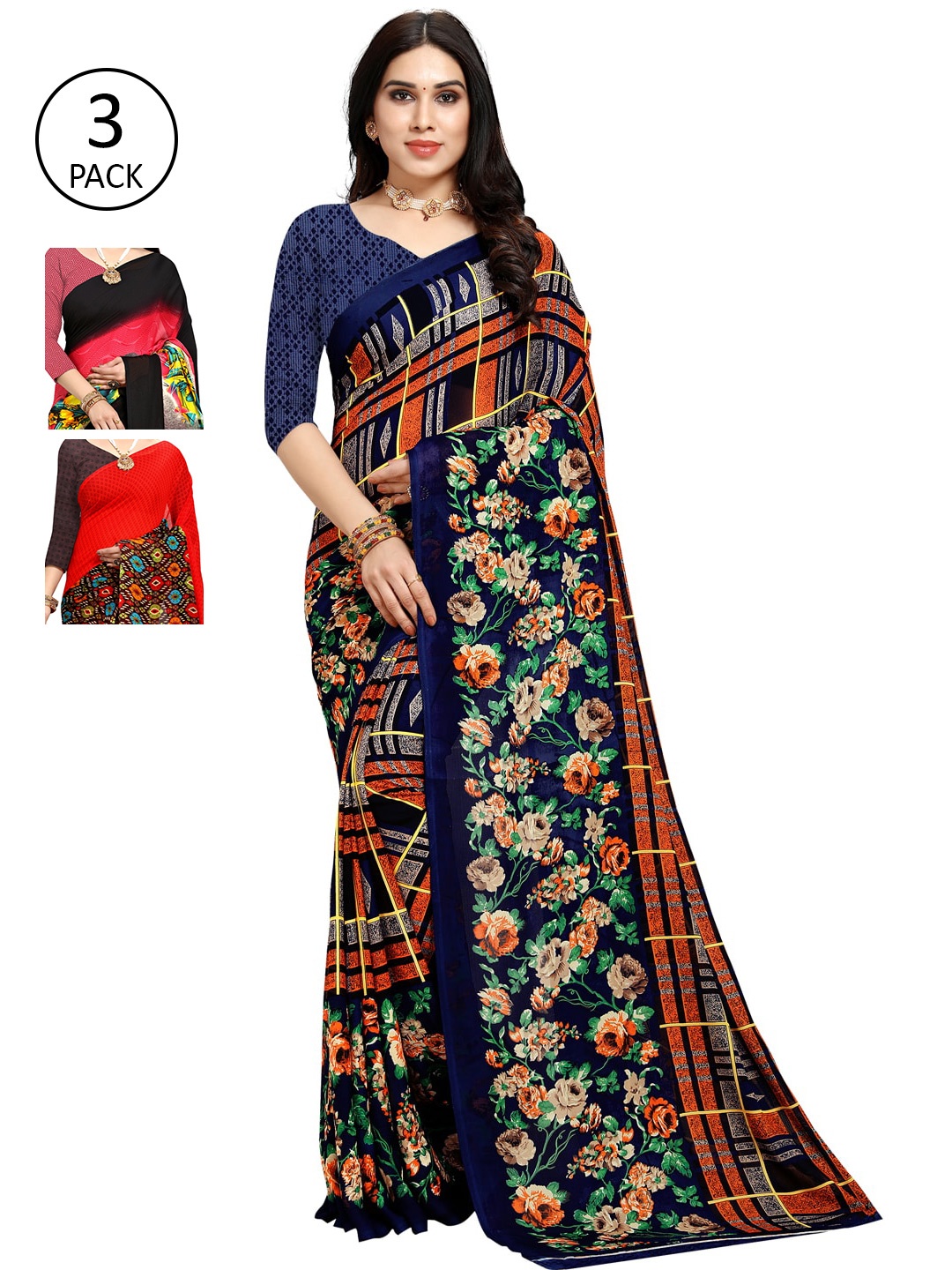 

KALINI Pack of 3 Poly Georgette Sarees, Red