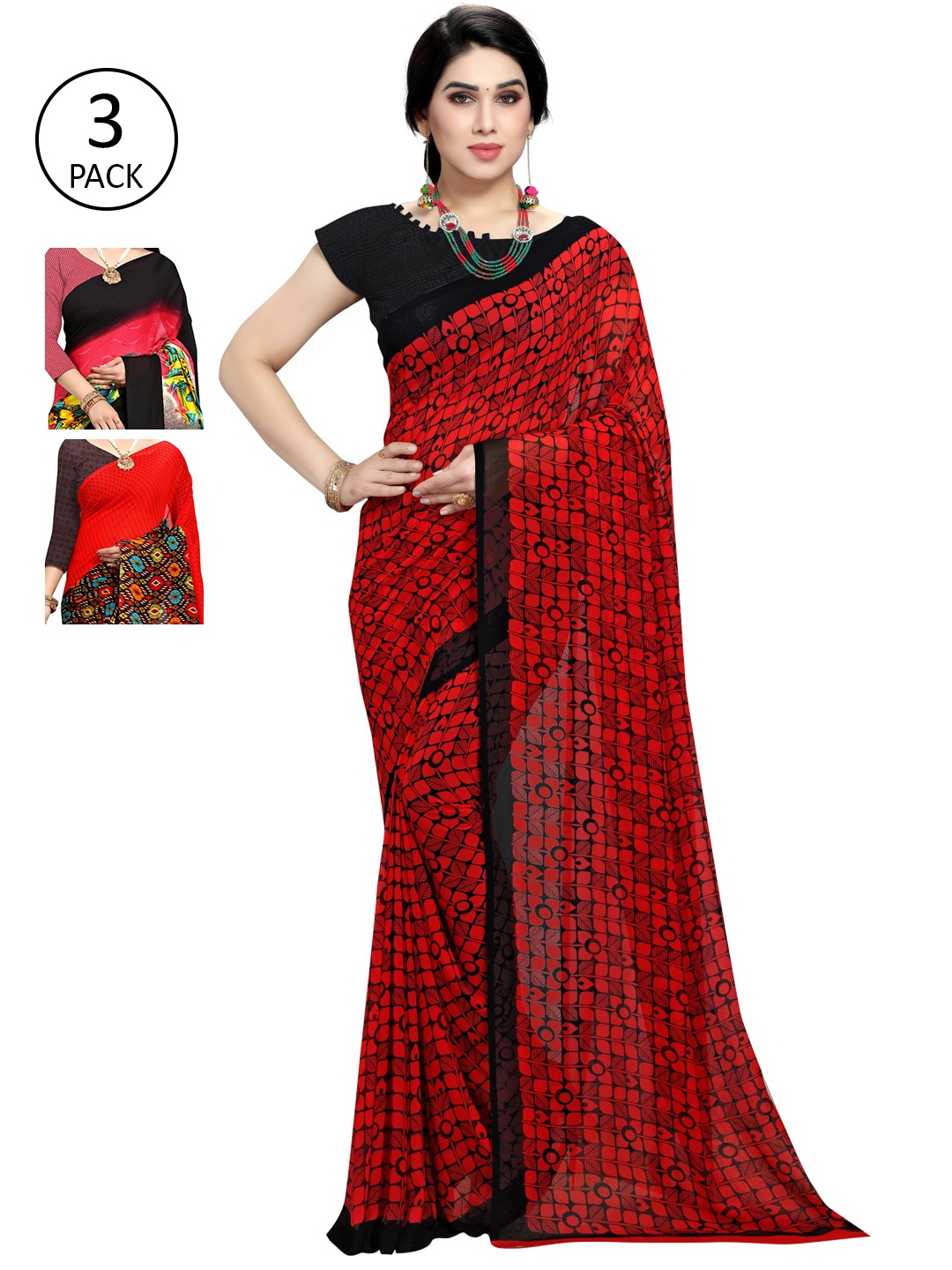 

KALINI Women Pack of 3 Multicolor Poly Georgette Printed Saree, Pink
