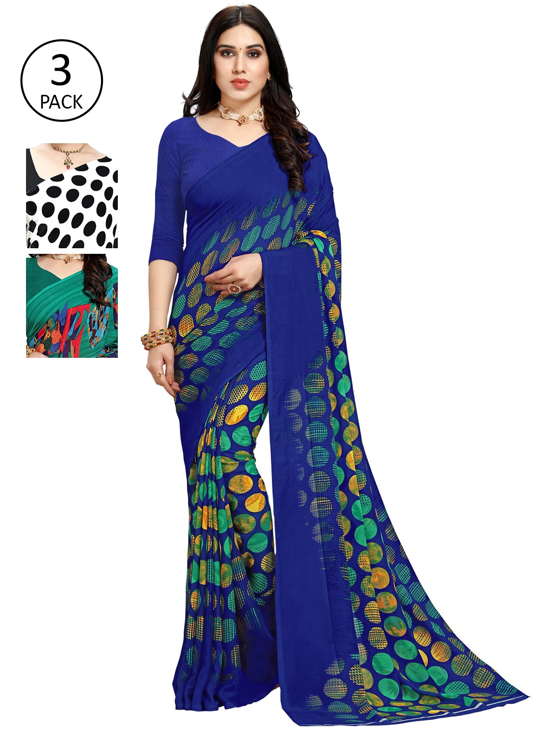 KALINI Women Pack Of 3 Printed Saree, Blue