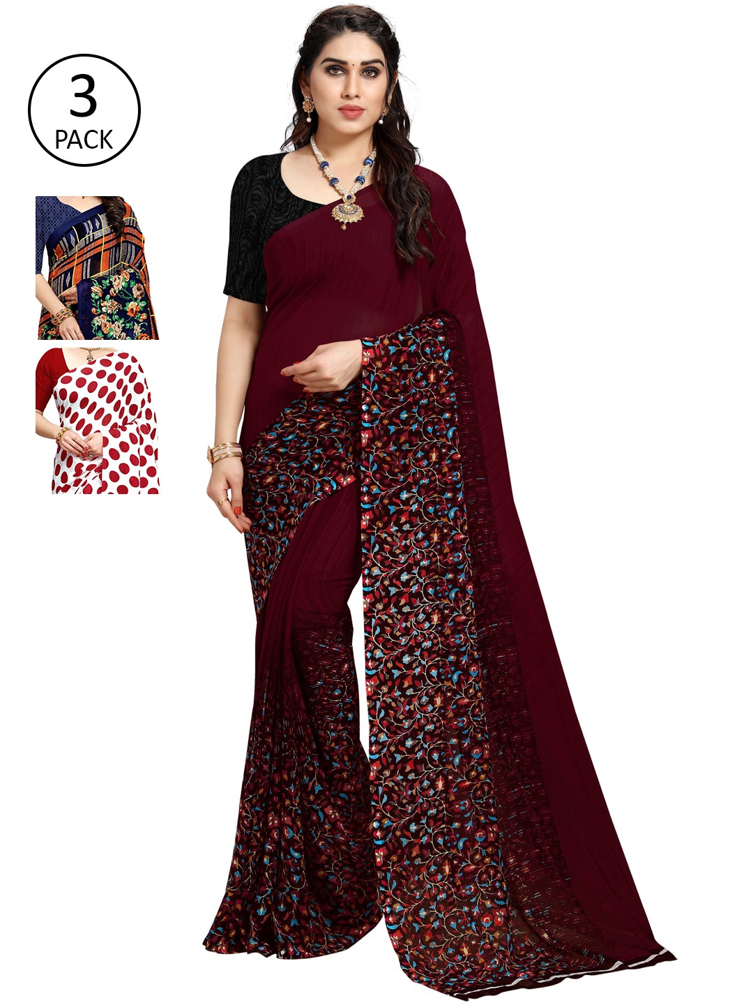 

KALINI Pack of 3 Printed Sarees, Multi