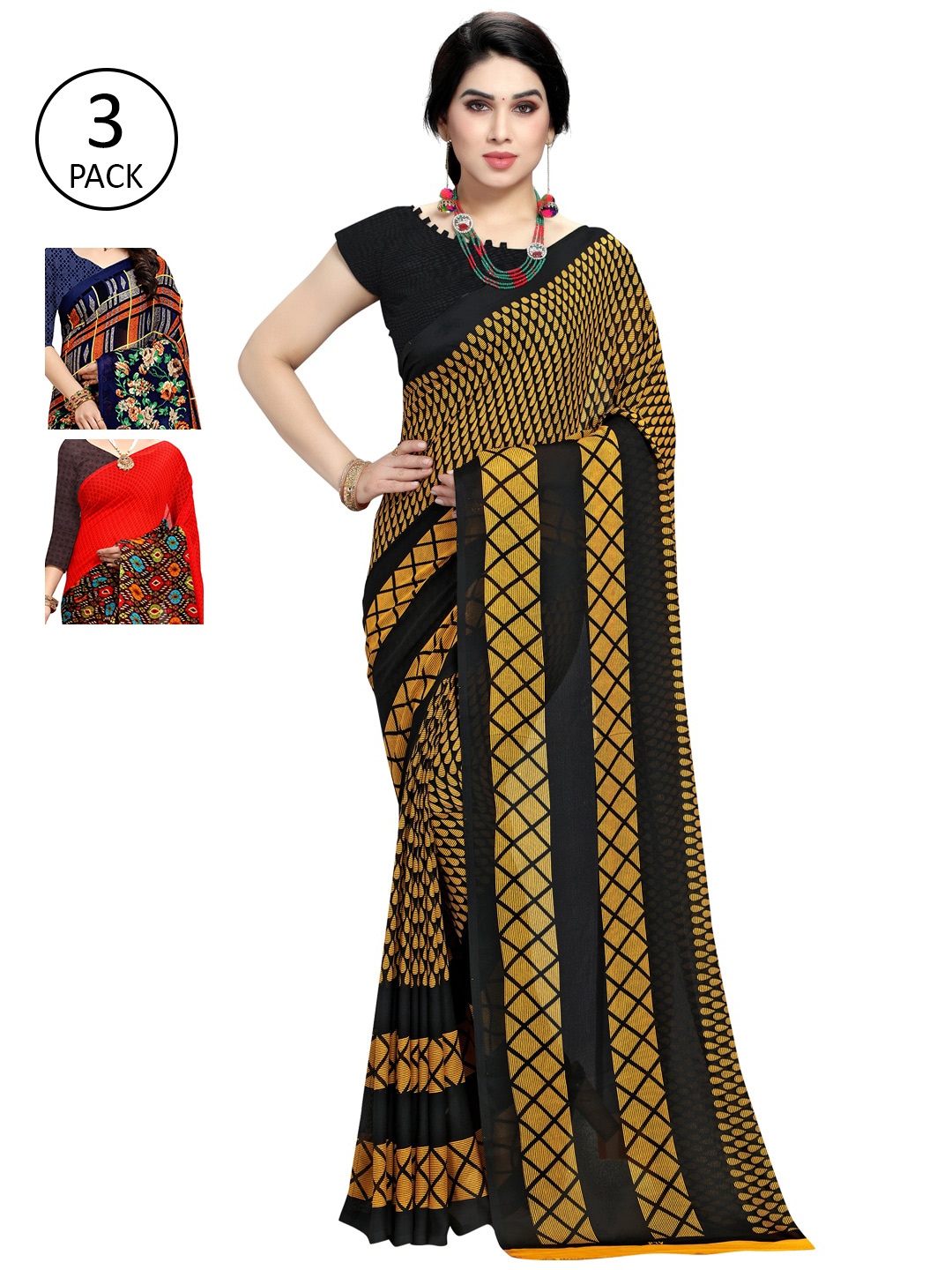 

KALINI Pack Of 3 Sarees, Yellow