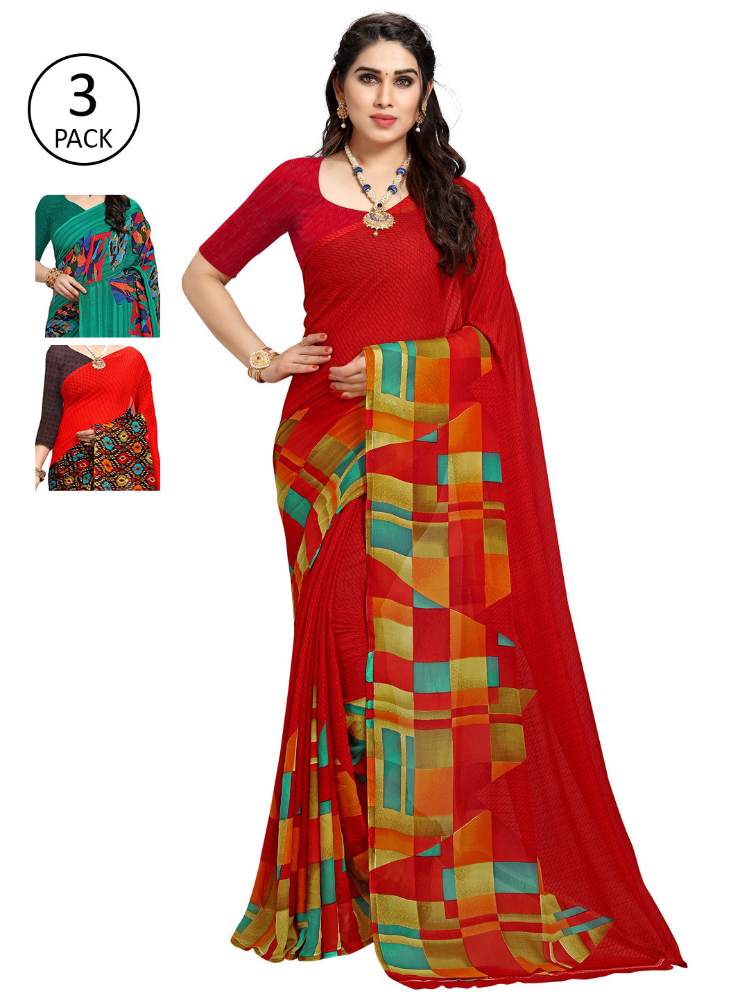 

KALINI Pack Of 3 Sarees, Red