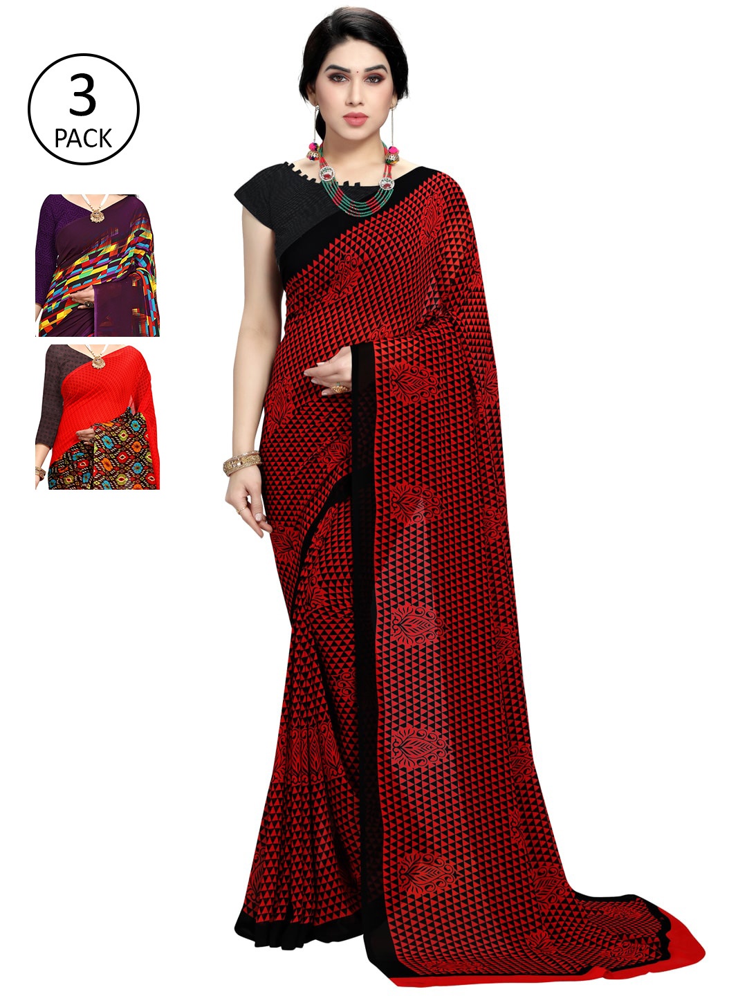 

KALINI Pack of 3 Poly Georgette Saree, Red