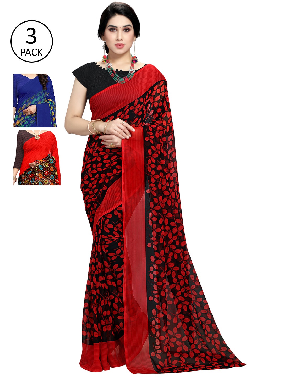 

KALINI Pack of 3 Printed Poly Georgette Sarees, Red