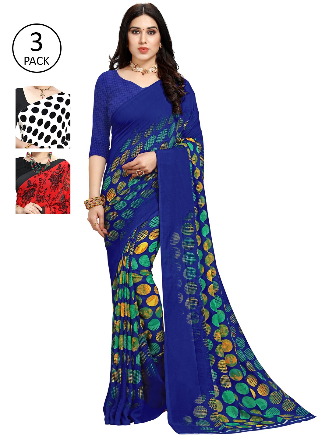 

KALINI Women Pack Of 3 Printed Saree, Blue