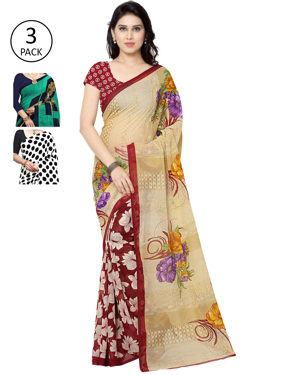 

KALINI Pack Of Three Printed Saree, White