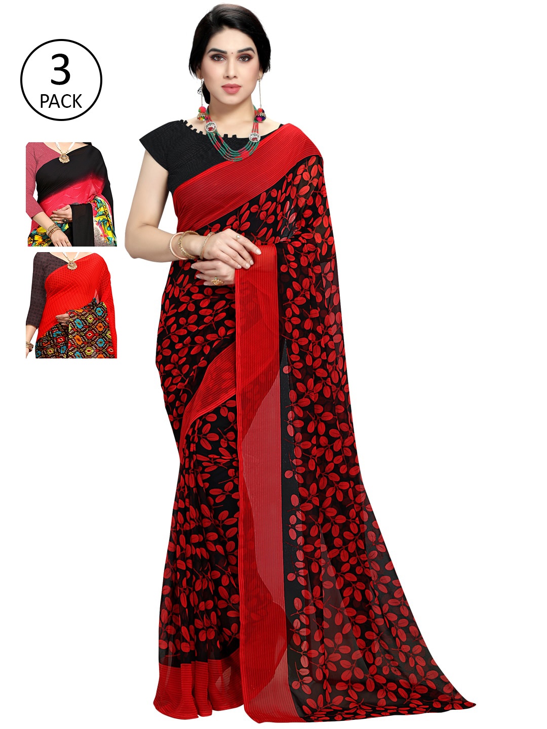 

KALINI Pink & Red Pack of 3 Printed Sarees