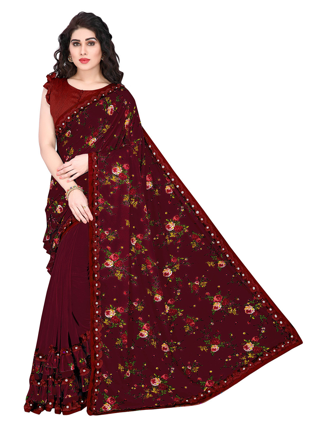 

MIRCHI FASHION Maroon & Green Floral Mirror Work Bagh Saree