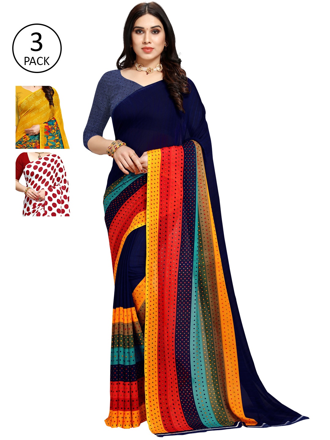 

KALINI Pack Of 3 Navy Blue & Yellow & White Printed Sarees