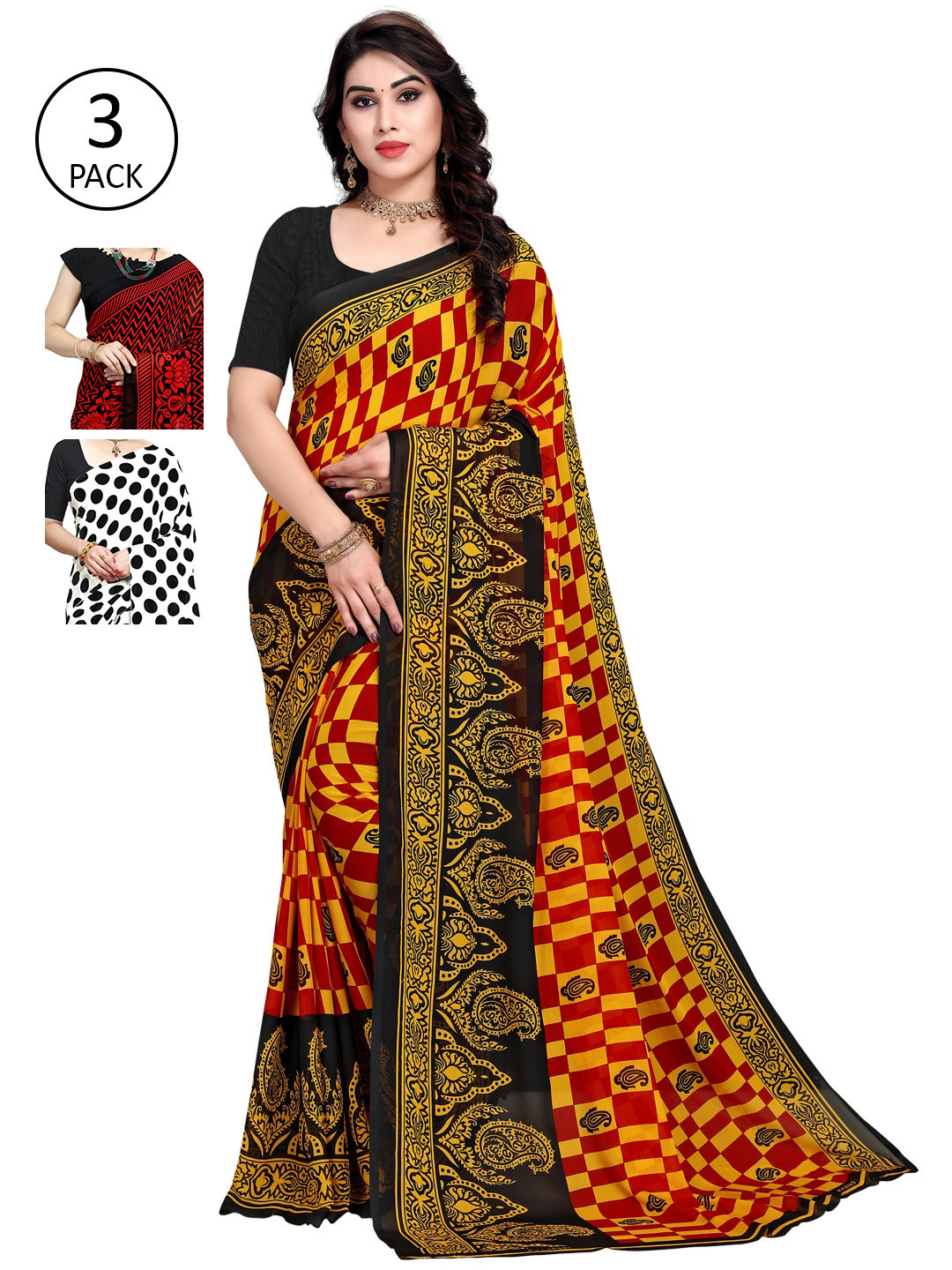 

KALINI Women Pack of 3 Multicolored Printed Poly Georgette Sarees, White