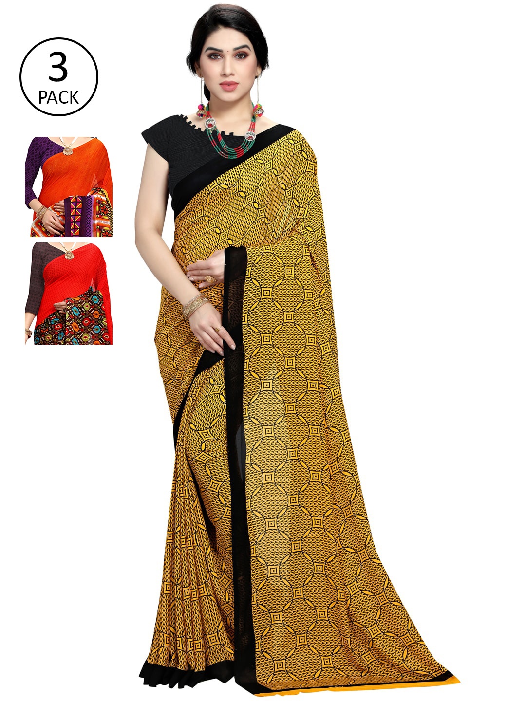 

KALINI Set Of 3 Multicoloured Poly Georgette Printed Sarees, Multi