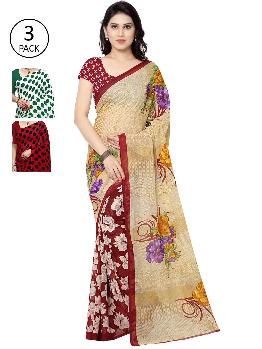 

KALINI Multi Printed Georgette Daily Wear Sarees-Pack of 3, White