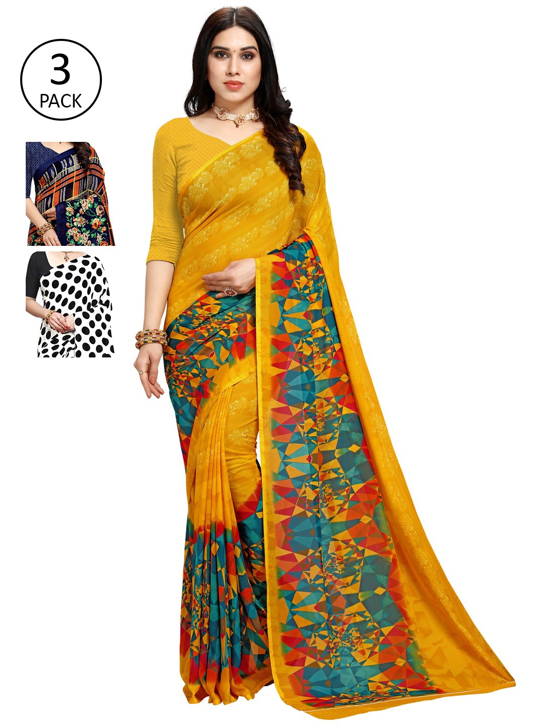 

KALINI Women Pack of 3 Printed Sarees, White