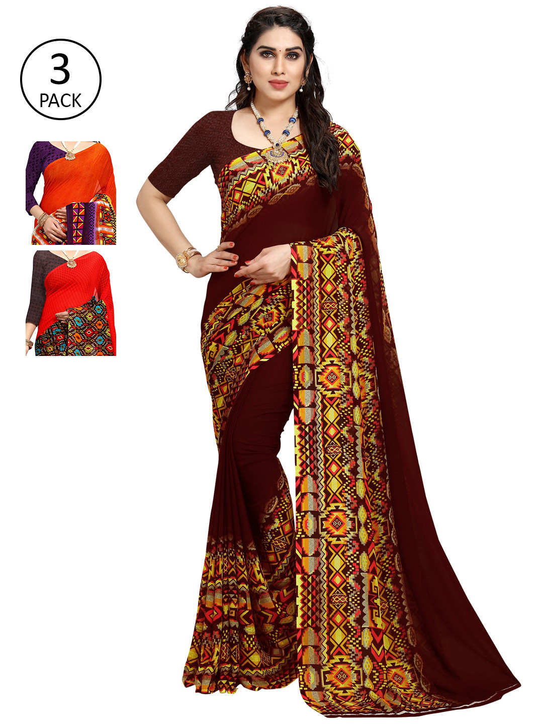 

KALINI Women Pack of 3 Multicolor Poly Georgette Printed Saree, Red