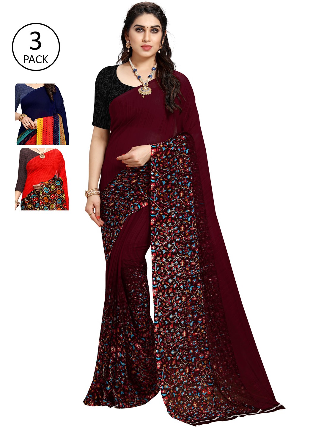 

KALINI Pack Of 3 Sarees, Burgundy