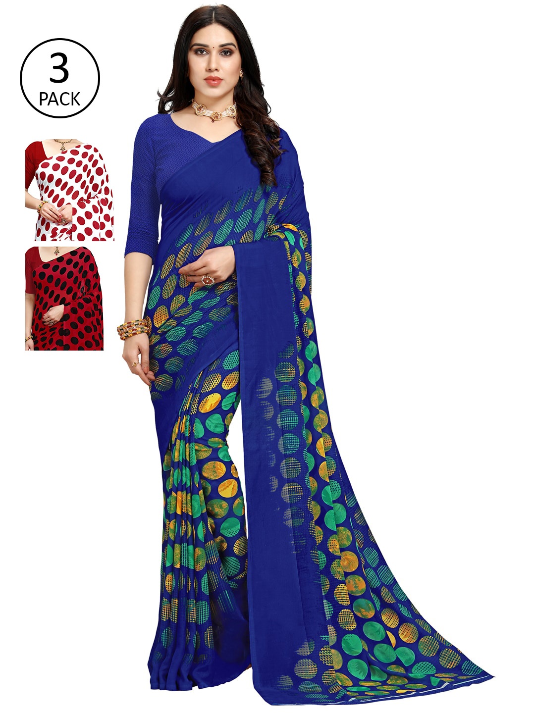 ANAND SAREES Women Women Pack of 3 Printed Sarees, Blue