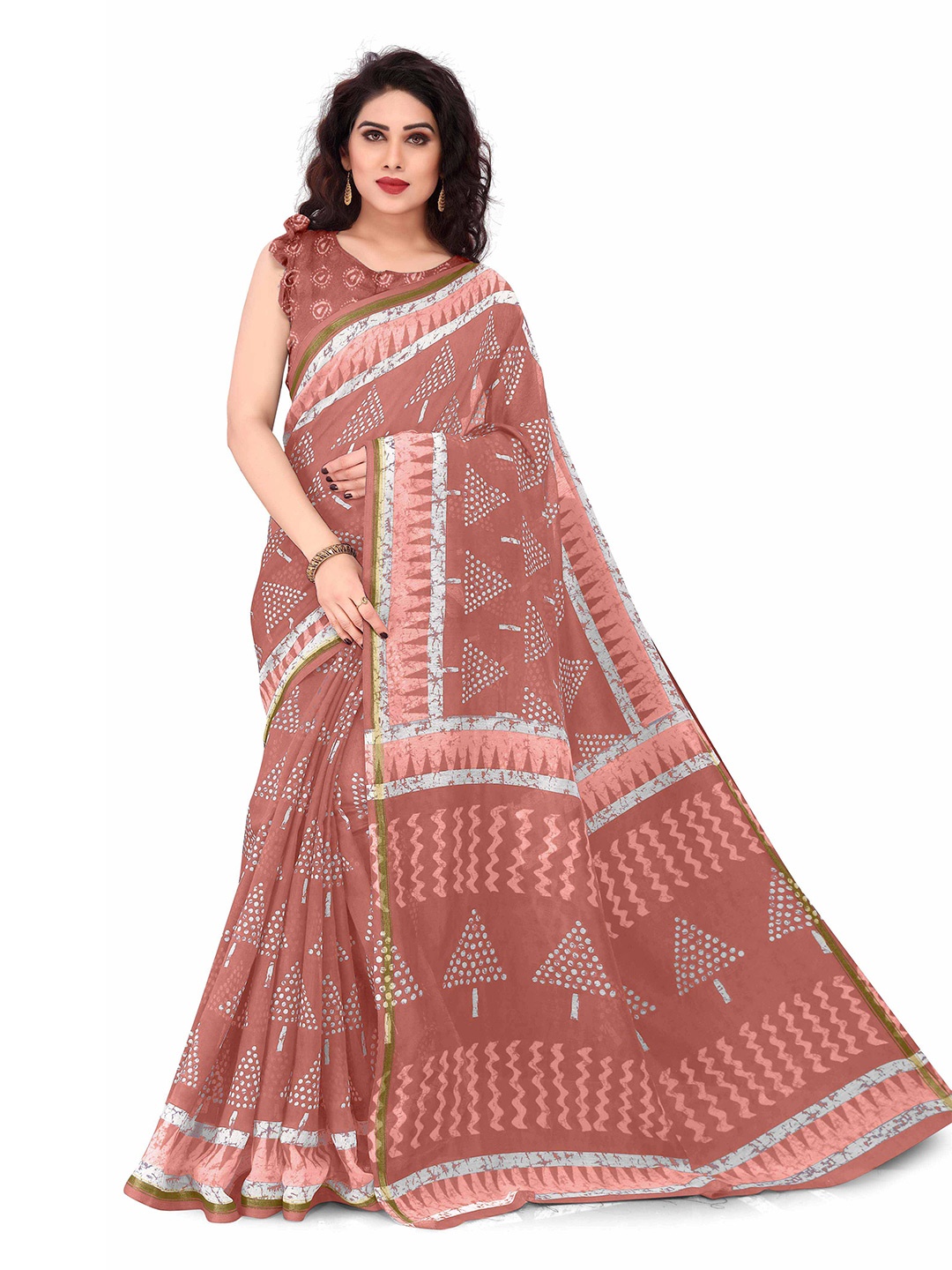 

KALINI Peach-Coloured & White Polycotton Saree