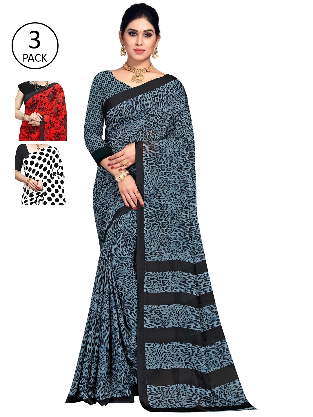 

KALINI White & Red Pack of 3 Printed Sarees