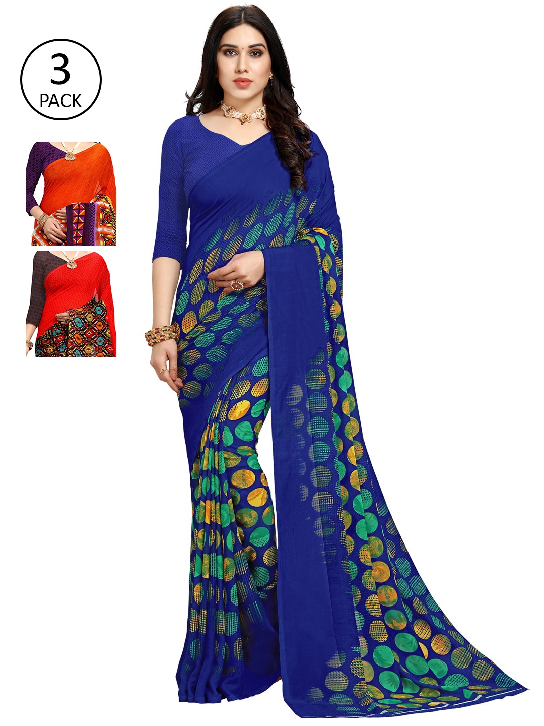 

KALINI Red & Blue Pack of 3 Printed Sarees