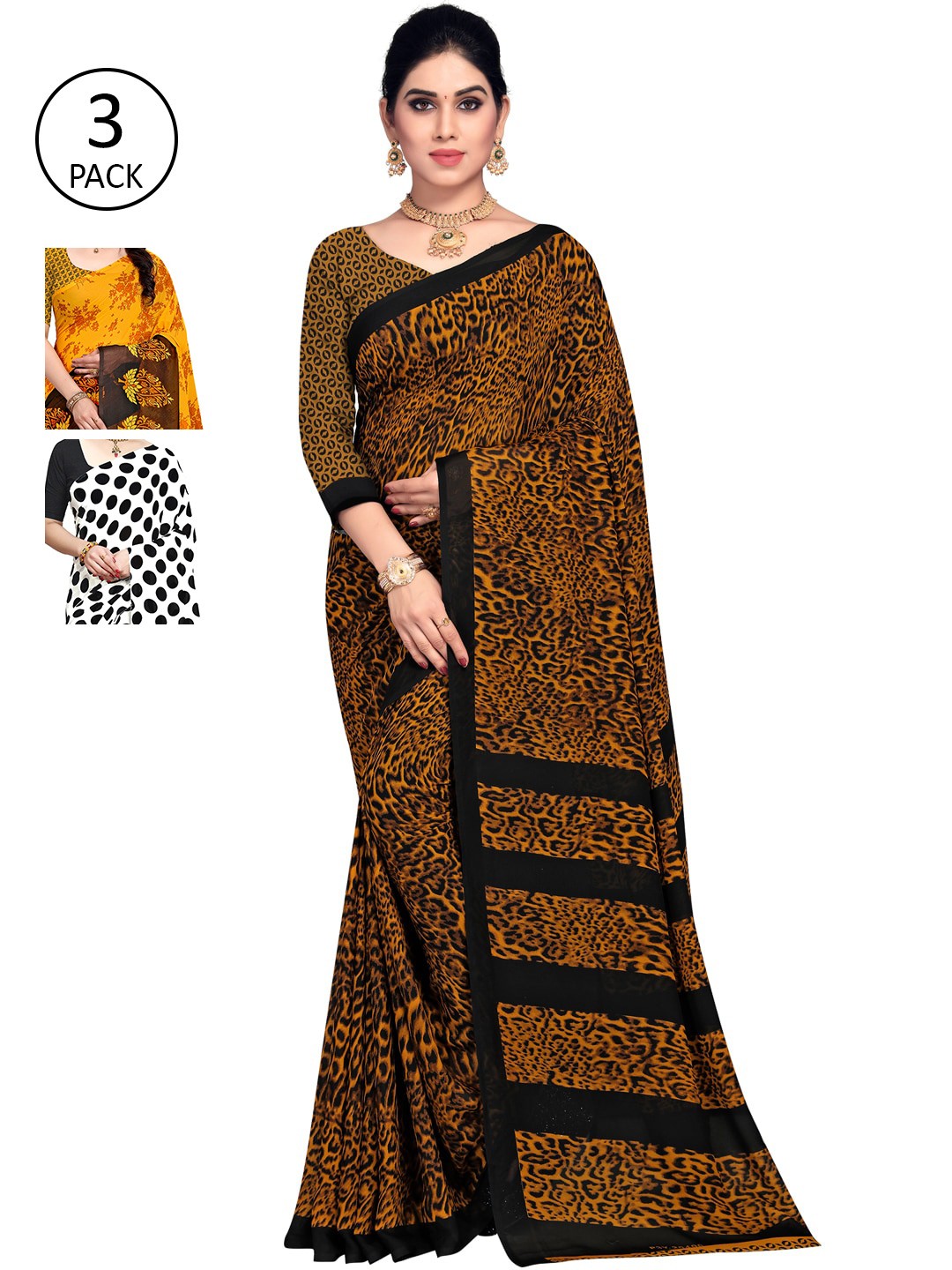 

KALINI Pack of 3 Poly Georgette Sarees, White
