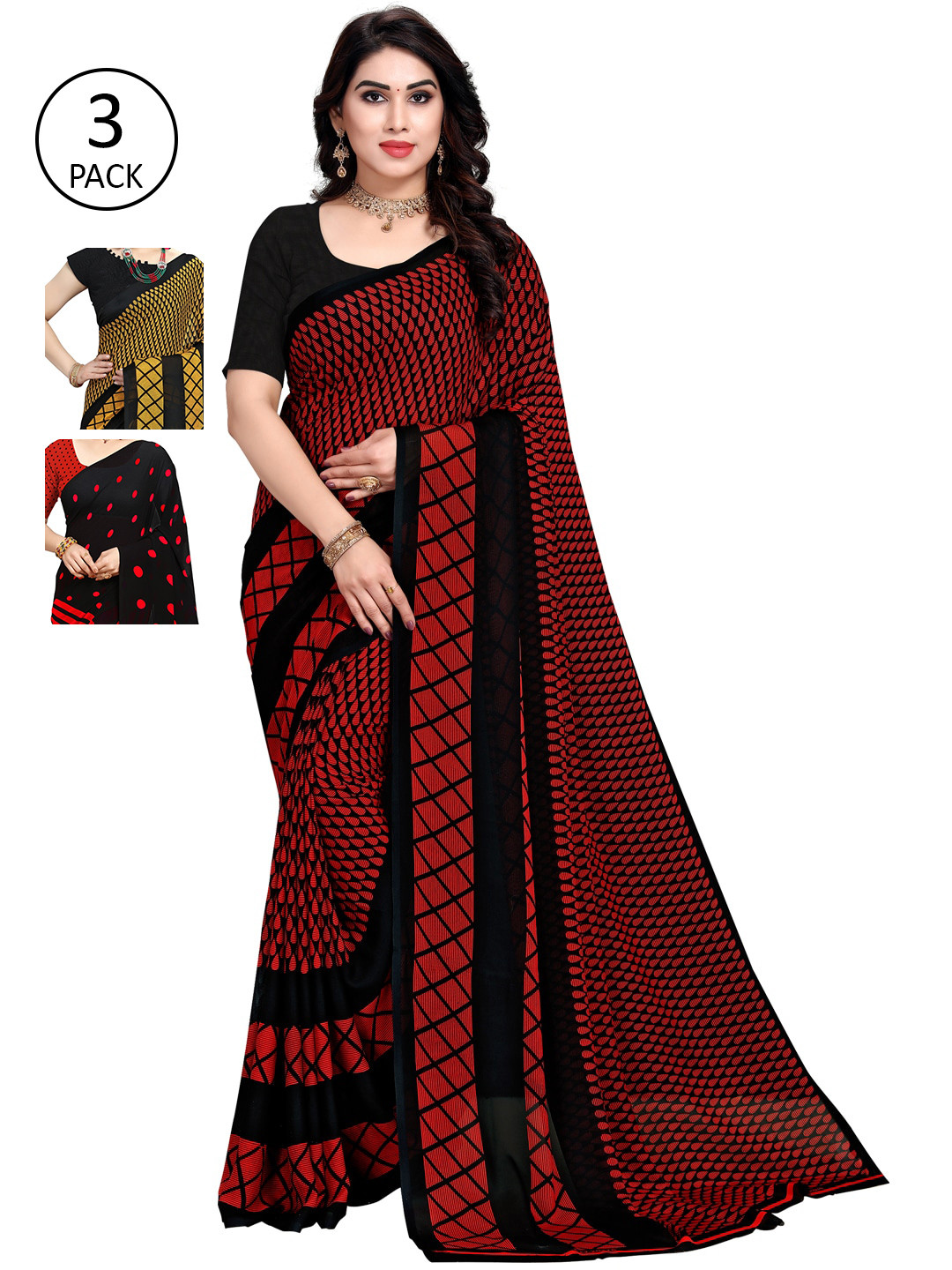 

KALINI Pack of 3 Printed Saree, Red