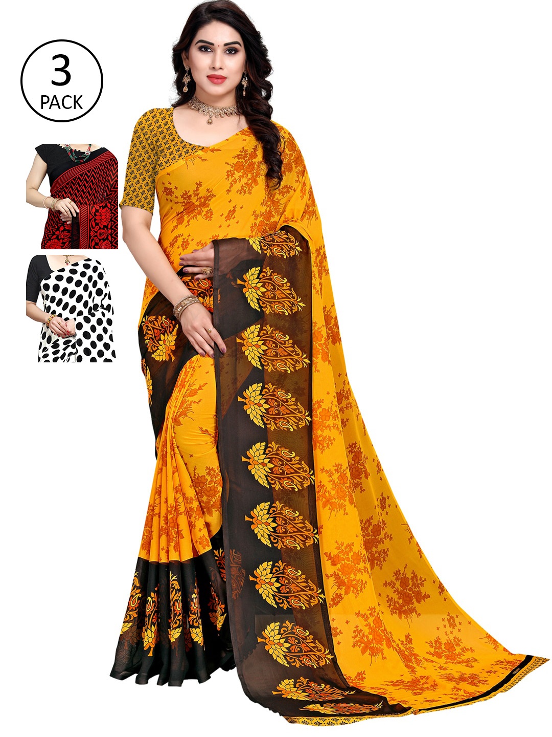 

KALINI Set Of 3 Multicoloured Ethnic Motifs Poly Georgette Sarees, Multi