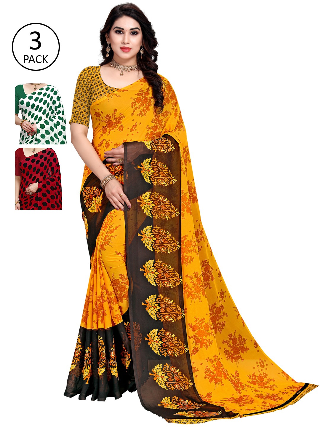 

KALINI Women Pack Of 3 Printed Sarees, Red