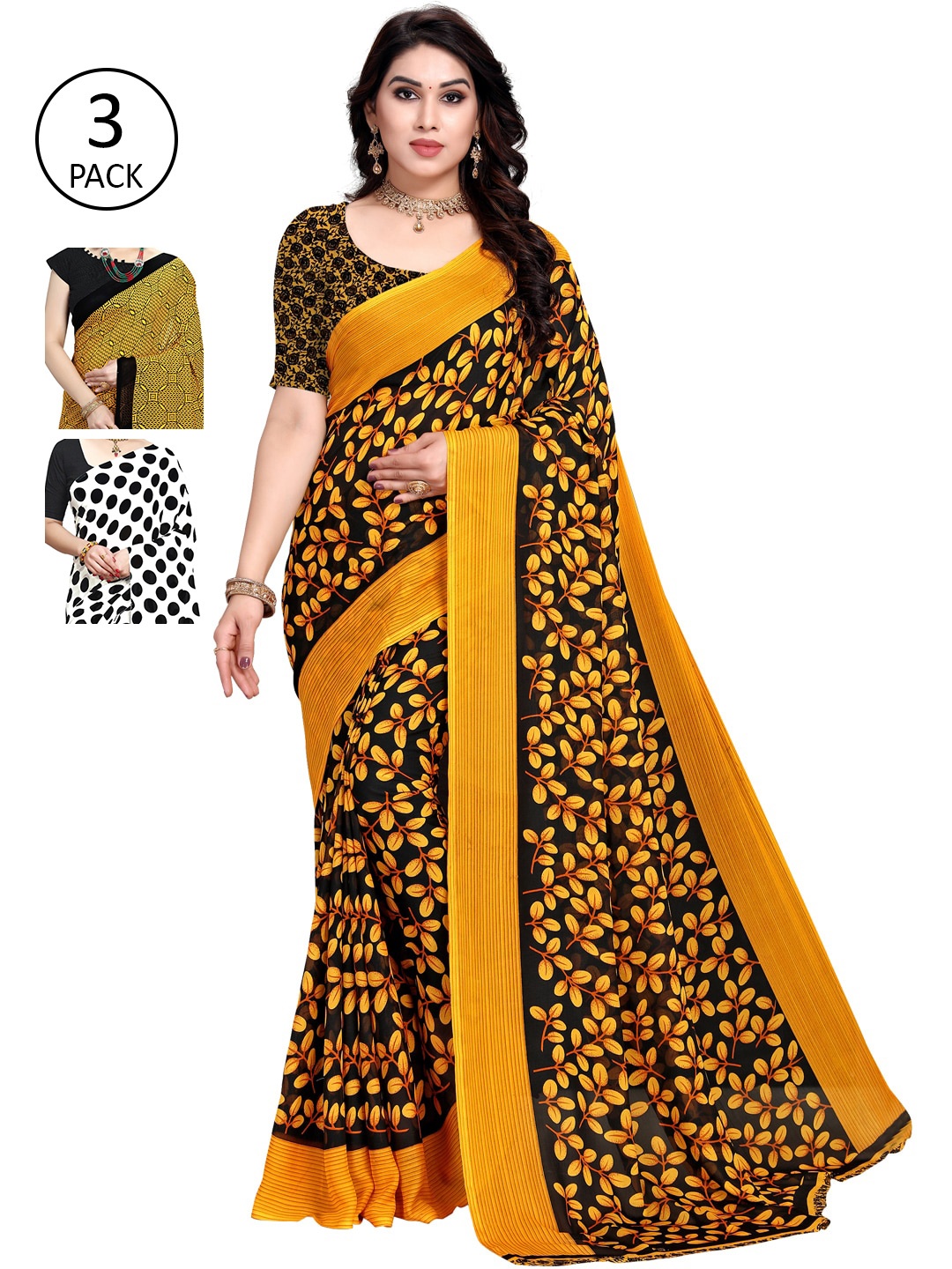 

KALINI Pack Of 3 Floral Saree, Yellow