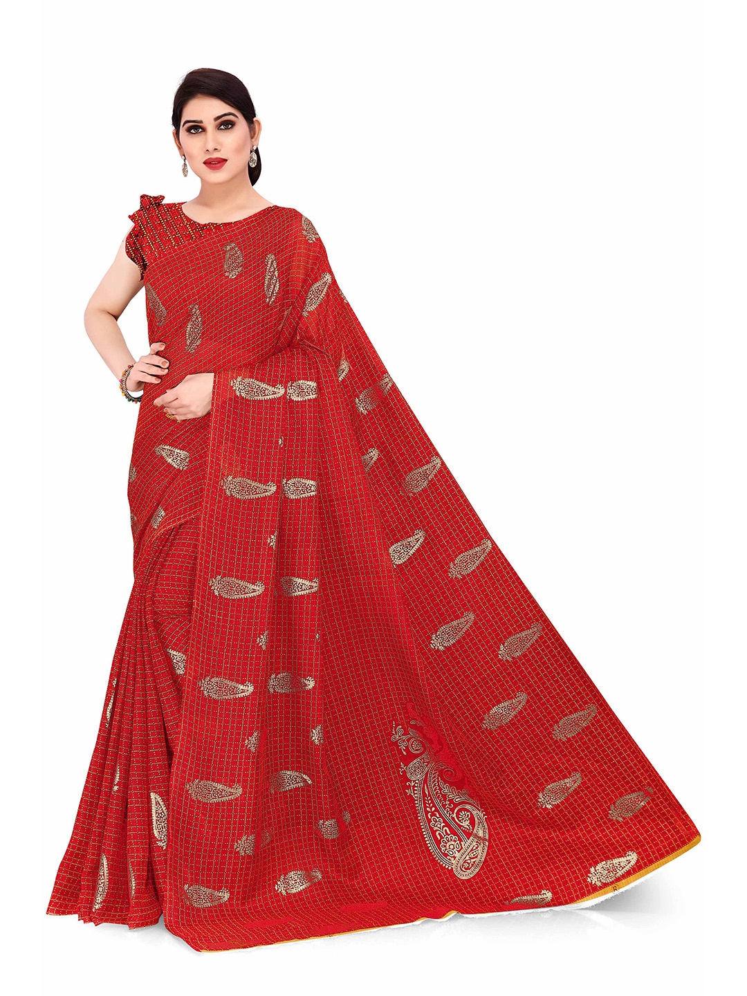 

KALINI Red & Gold-Toned Ethnic Motifs Supernet Saree