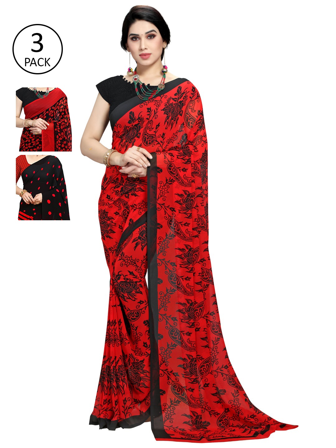 

KALINI Multicolour Printed Poly Georgette Daily Wear Sarees-Pack of 3, Red