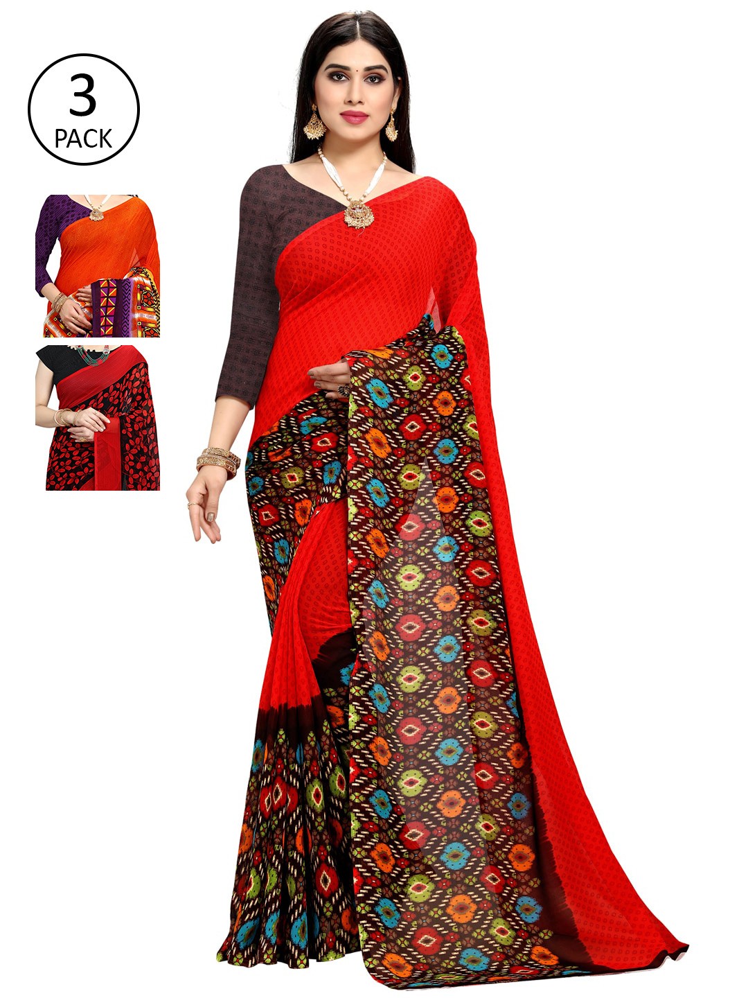 

KALINI Pack Of 3 Saree, Red