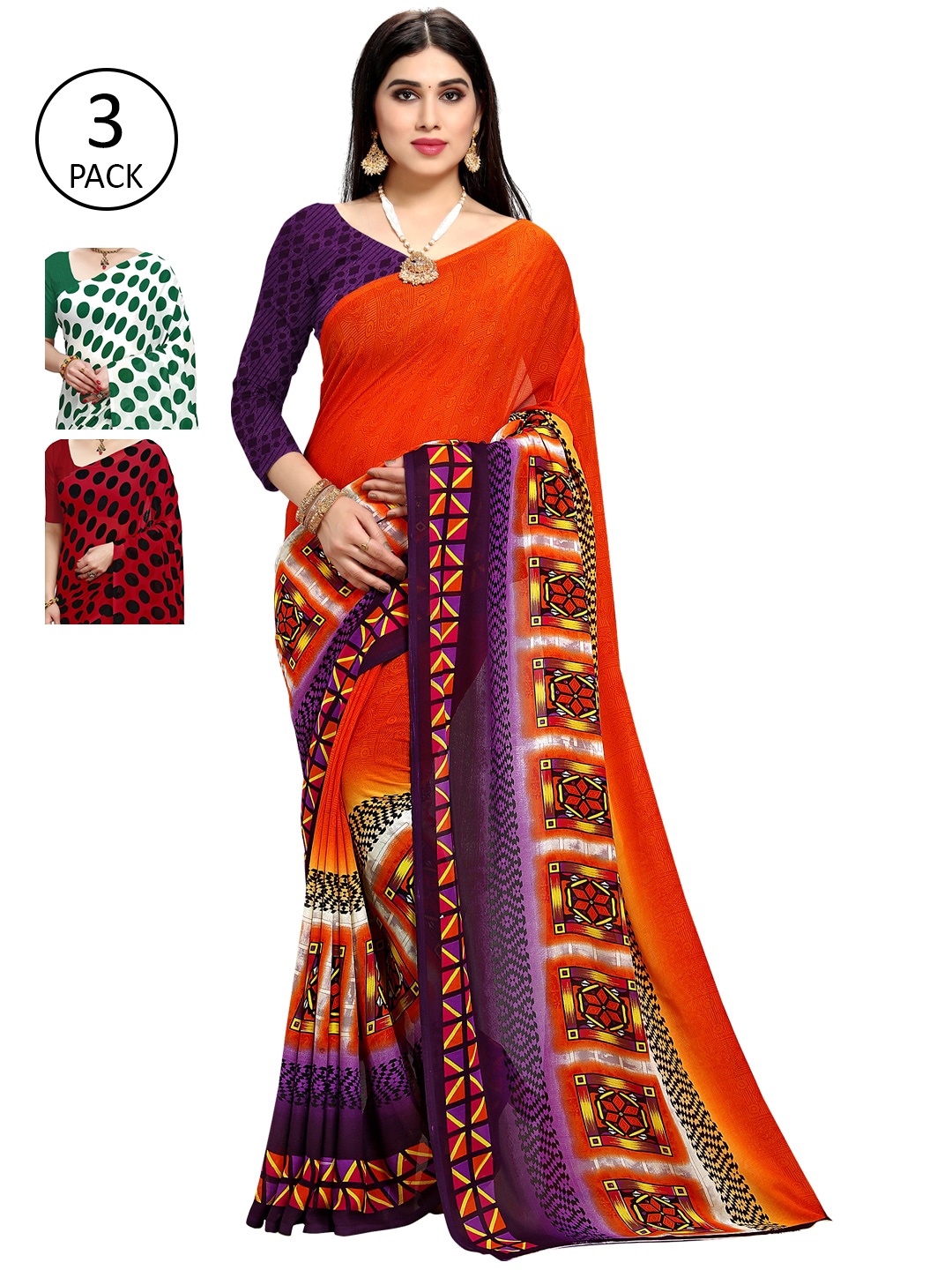 

KALINI Pack of 3 Printed Sarees, White