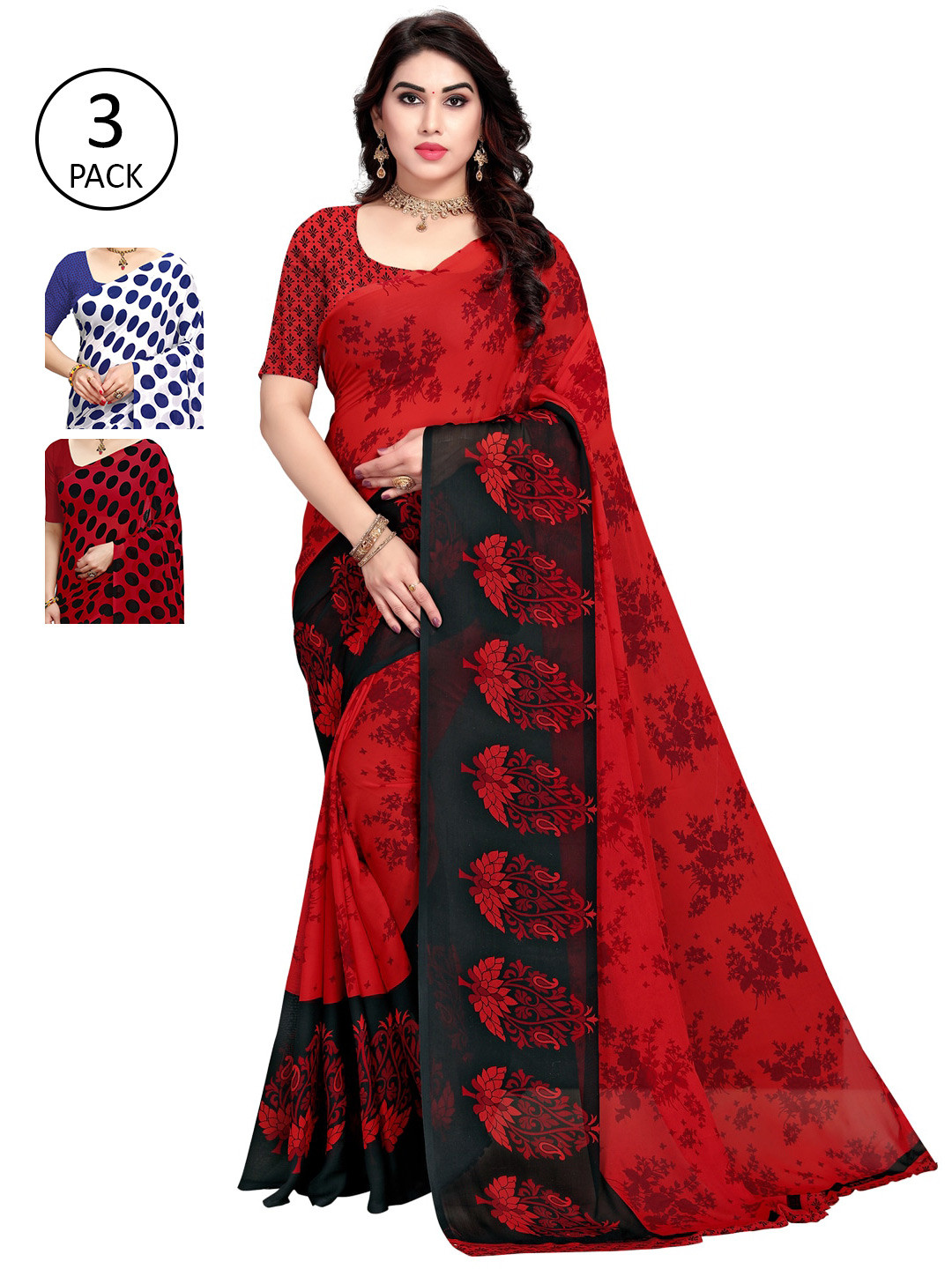 

KALINI Multi Printed Poly Georgette Daily Wear Sarees-Pack of 3, Red