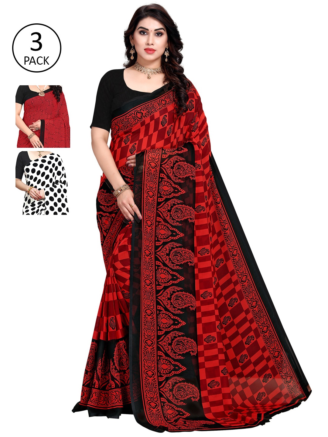 

KALINI Pack of 3 Poly Georgette Sarees, White