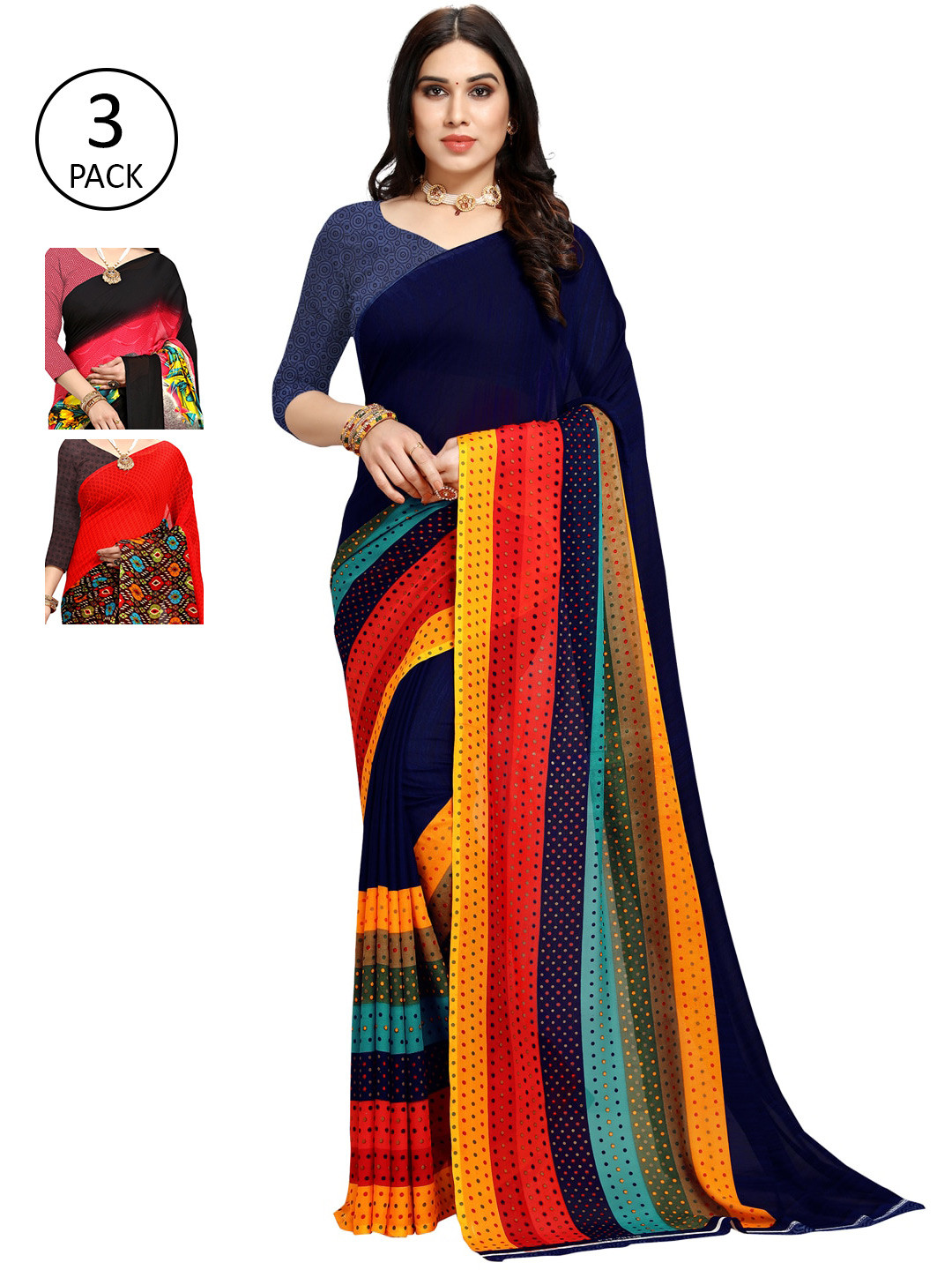 

KALINI Pack of 3 Poly Georgette Sarees, Red