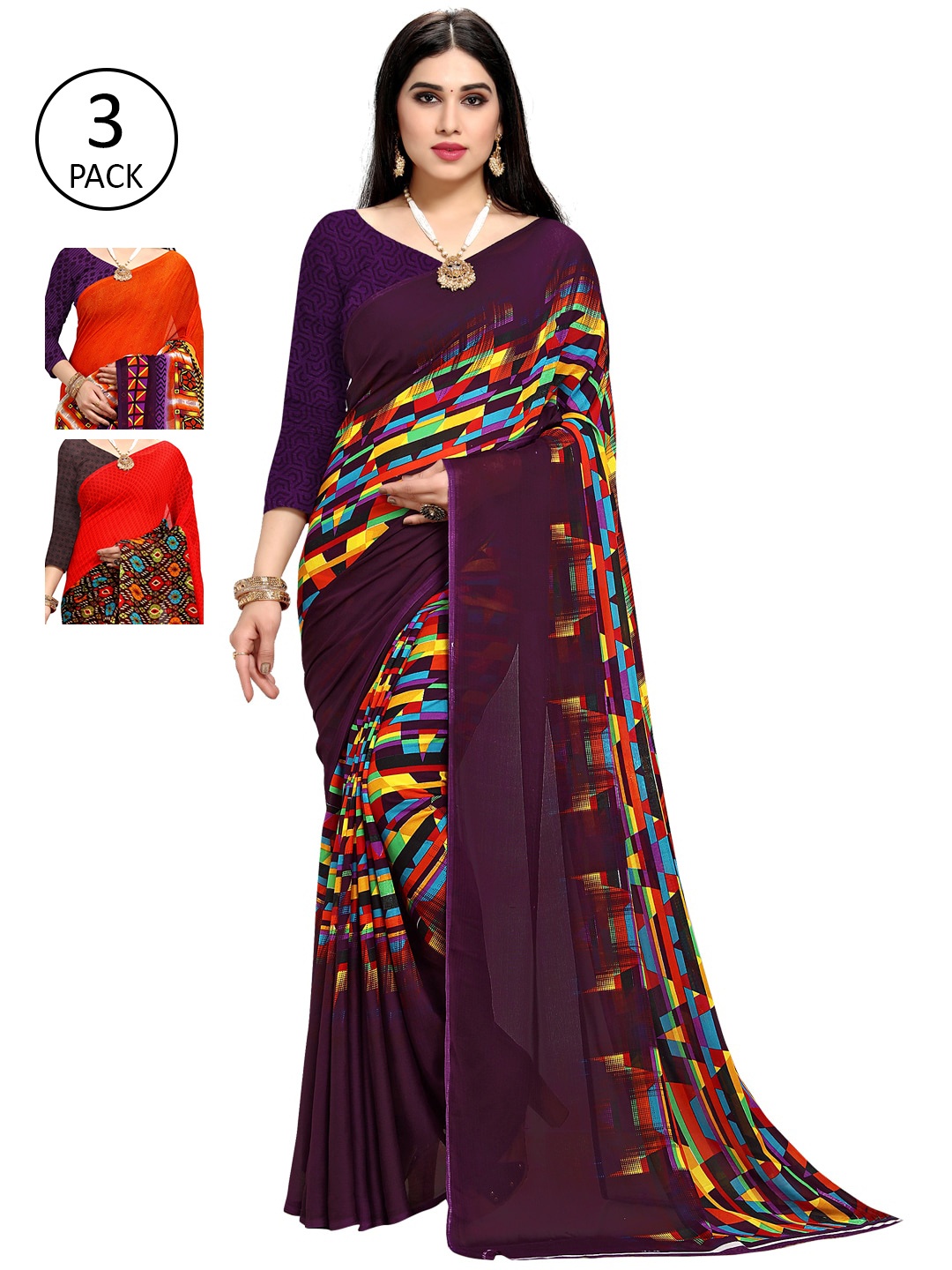 

KALINI Pack Of 3 Printed Poly Georgette Sarees, Purple