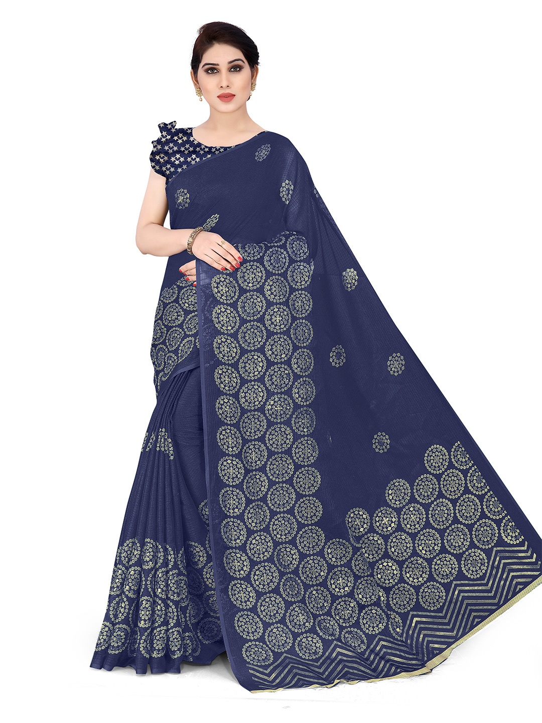 

KALINI Navy Blue & White Supernet Saree