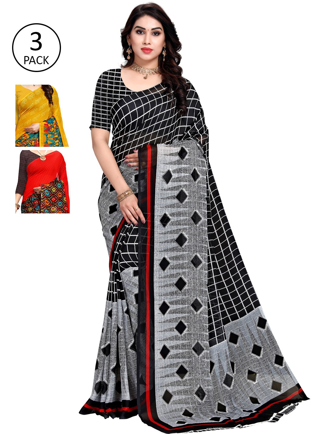 

KALINI Pack Of 3 Sarees, Black
