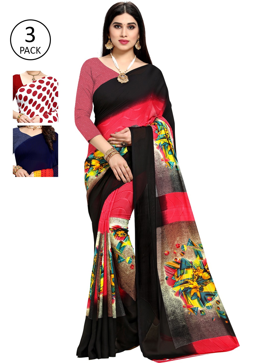 

KALINI Pack Of 3 Sarees, Red