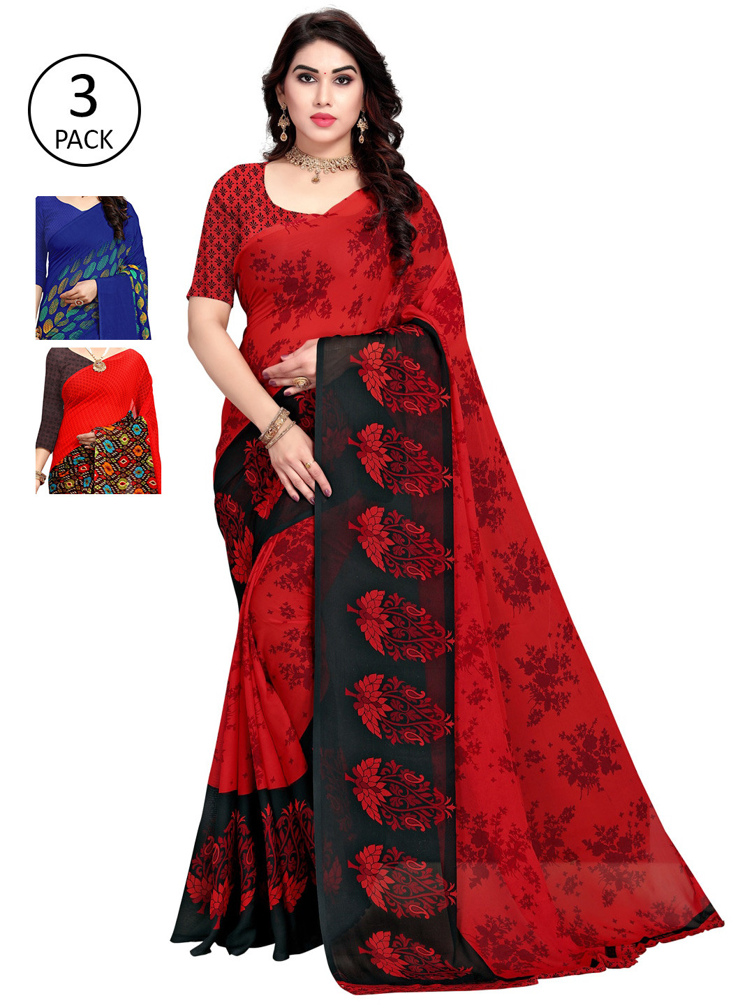 

KALINI Pack of 3 Poly Georgette Saree, Blue