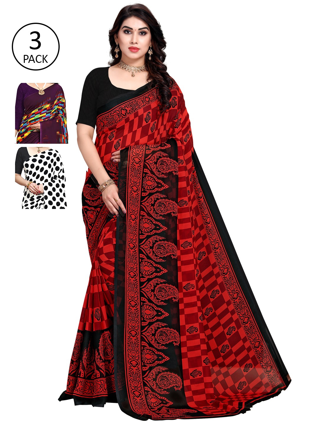 

KALINI Women Pack of 3 Printed Sarees, White