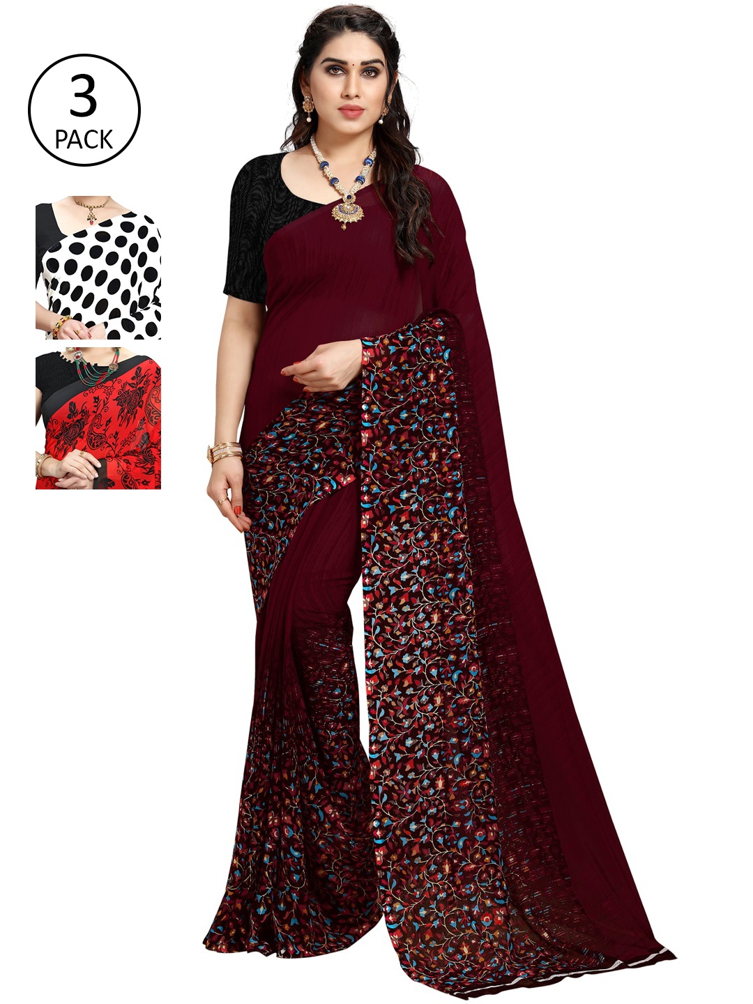 

KALINI Pack Of 3 Printed Saree, White