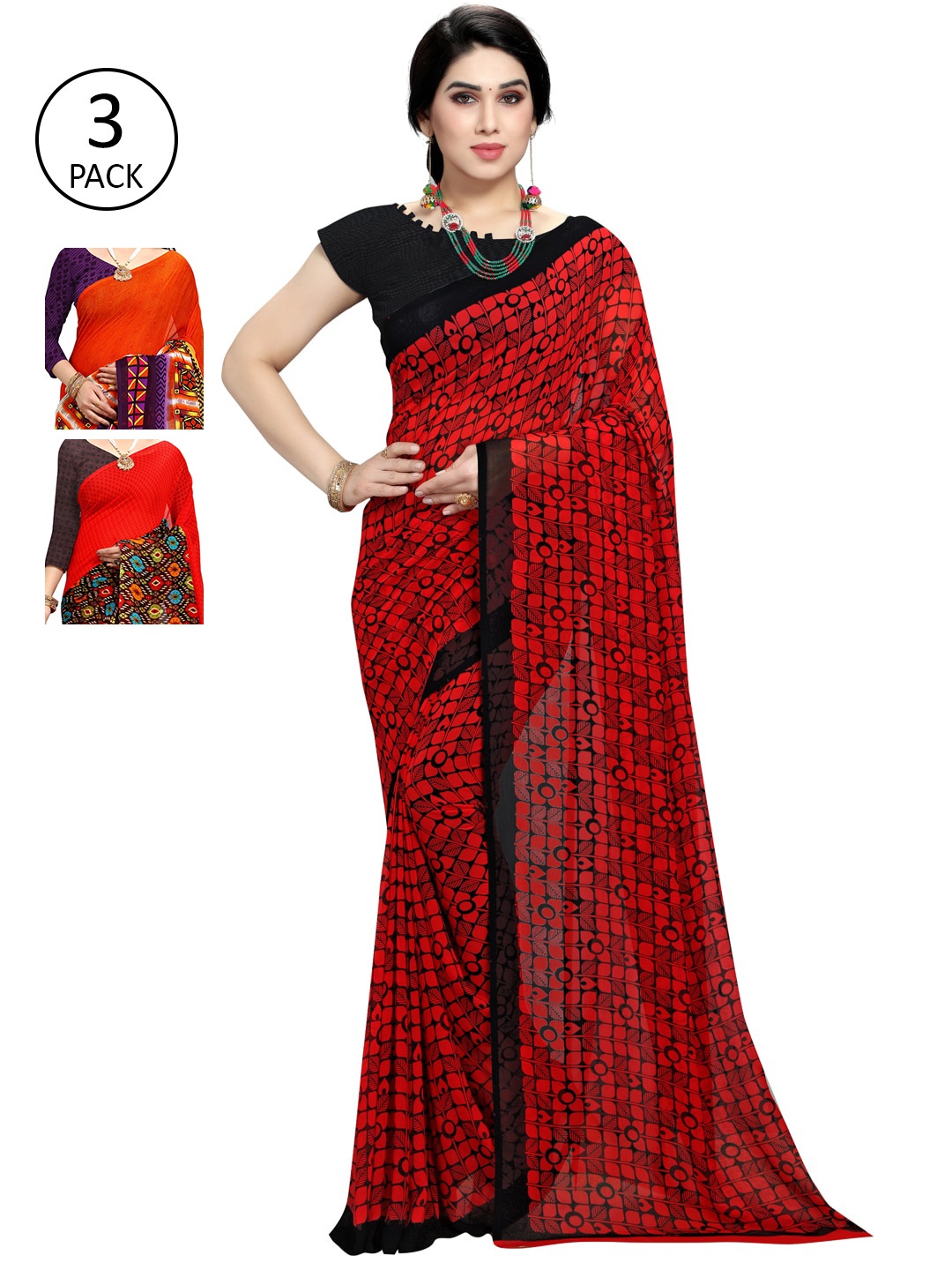 

KALINI Pack Of 3 Printed Poly Georgette Sarees, Orange