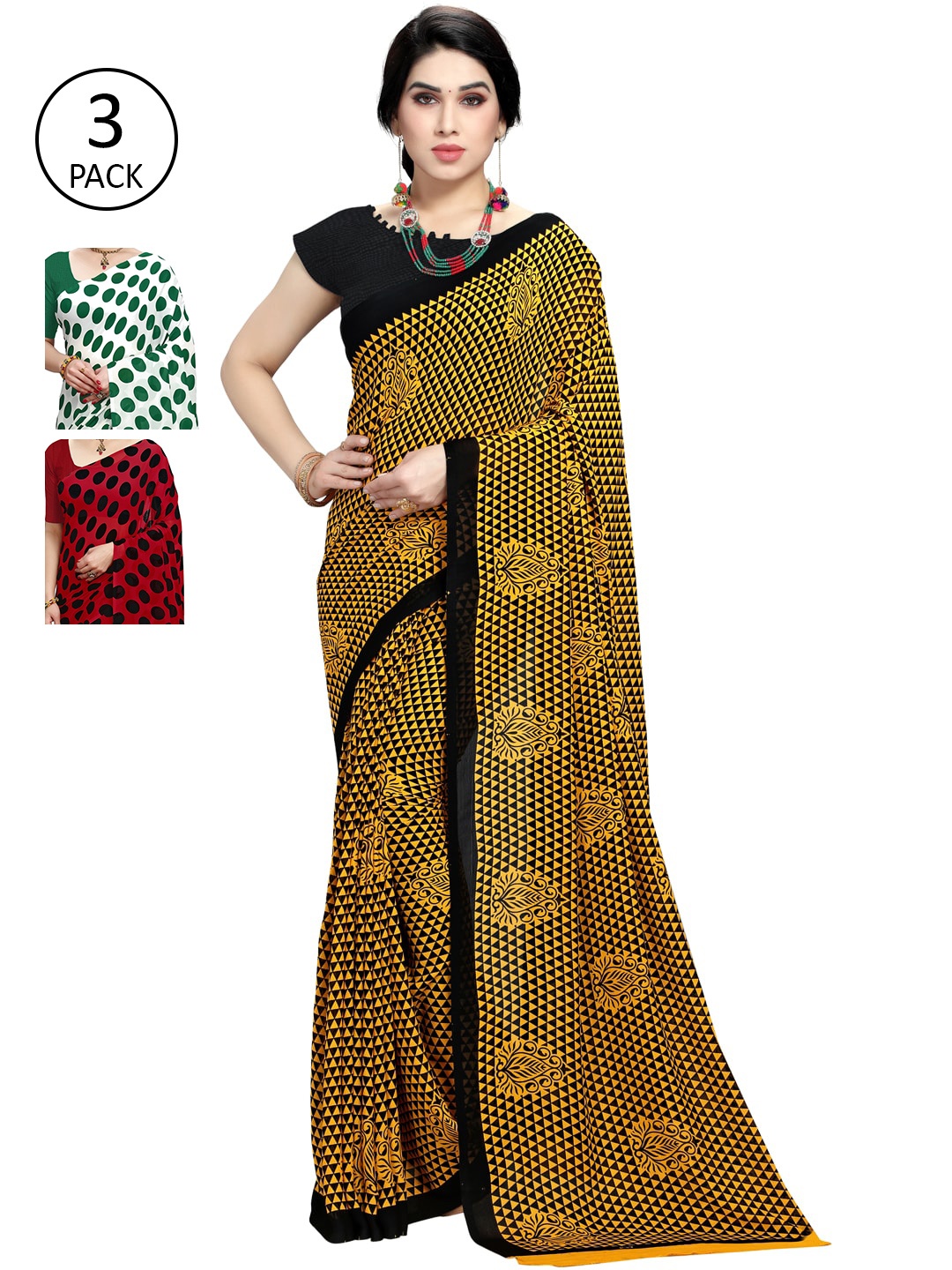 

KALINI Multicolour Printed Poly Georgette Daily Wear Sarees-Pack of 3, Multi