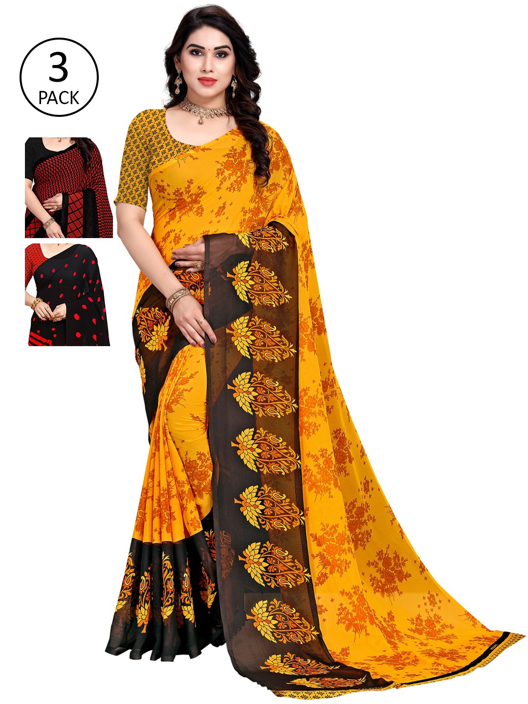 

KALINI Pack of 3 Printed Sarees, Black
