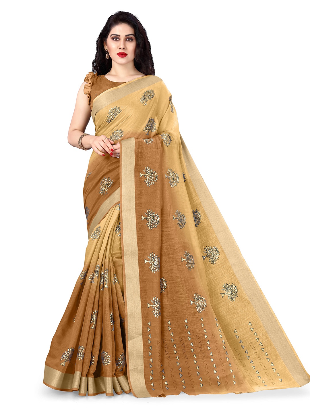 

KALINI Mustard Yellow & Grey Floral Zari Saree